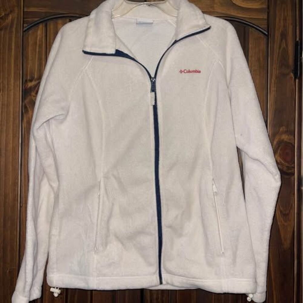 Women’s Large Columbia Fleece Jacket Off White Blue Red